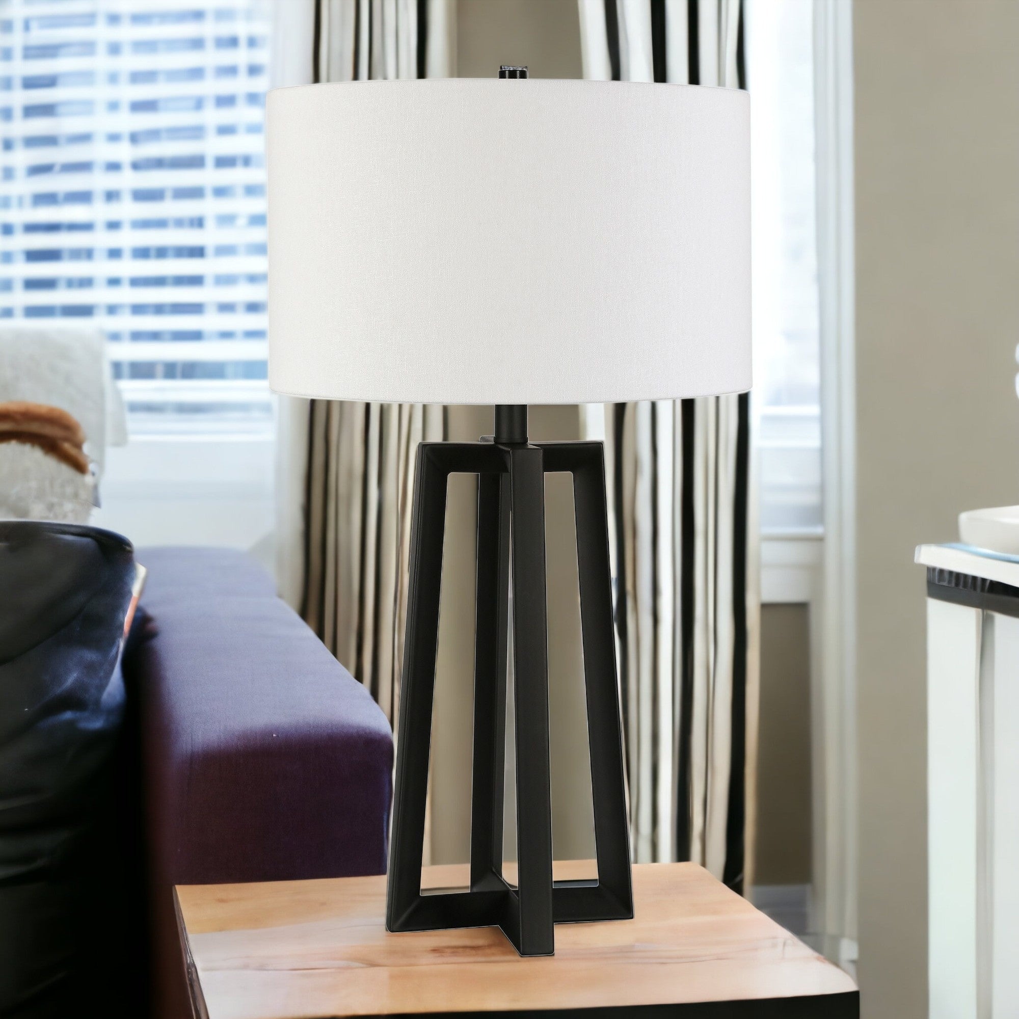 24" Black Metal Table Lamp With White Drum Shade White Diomedes