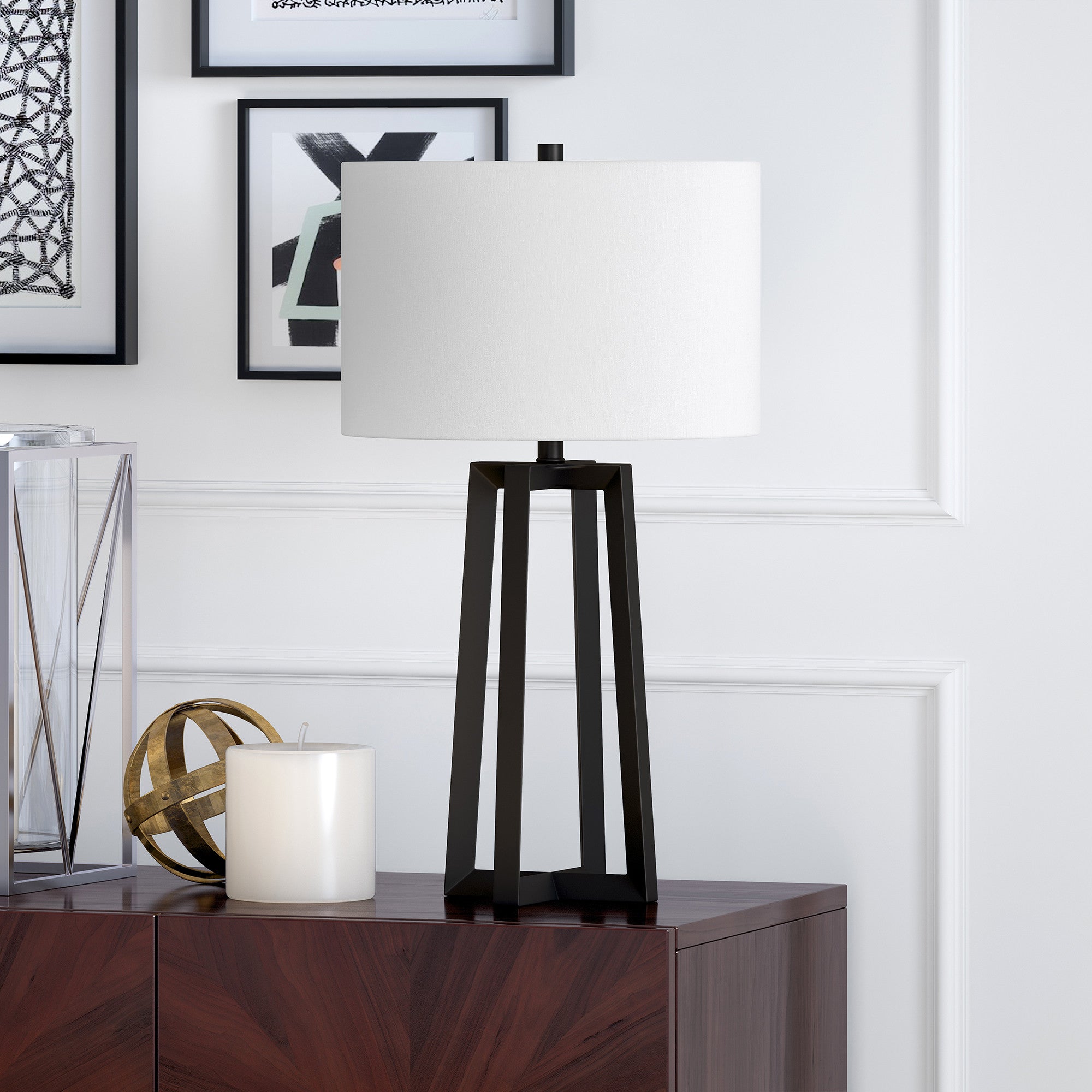 24" Black Metal Table Lamp With White Drum Shade White Diomedes