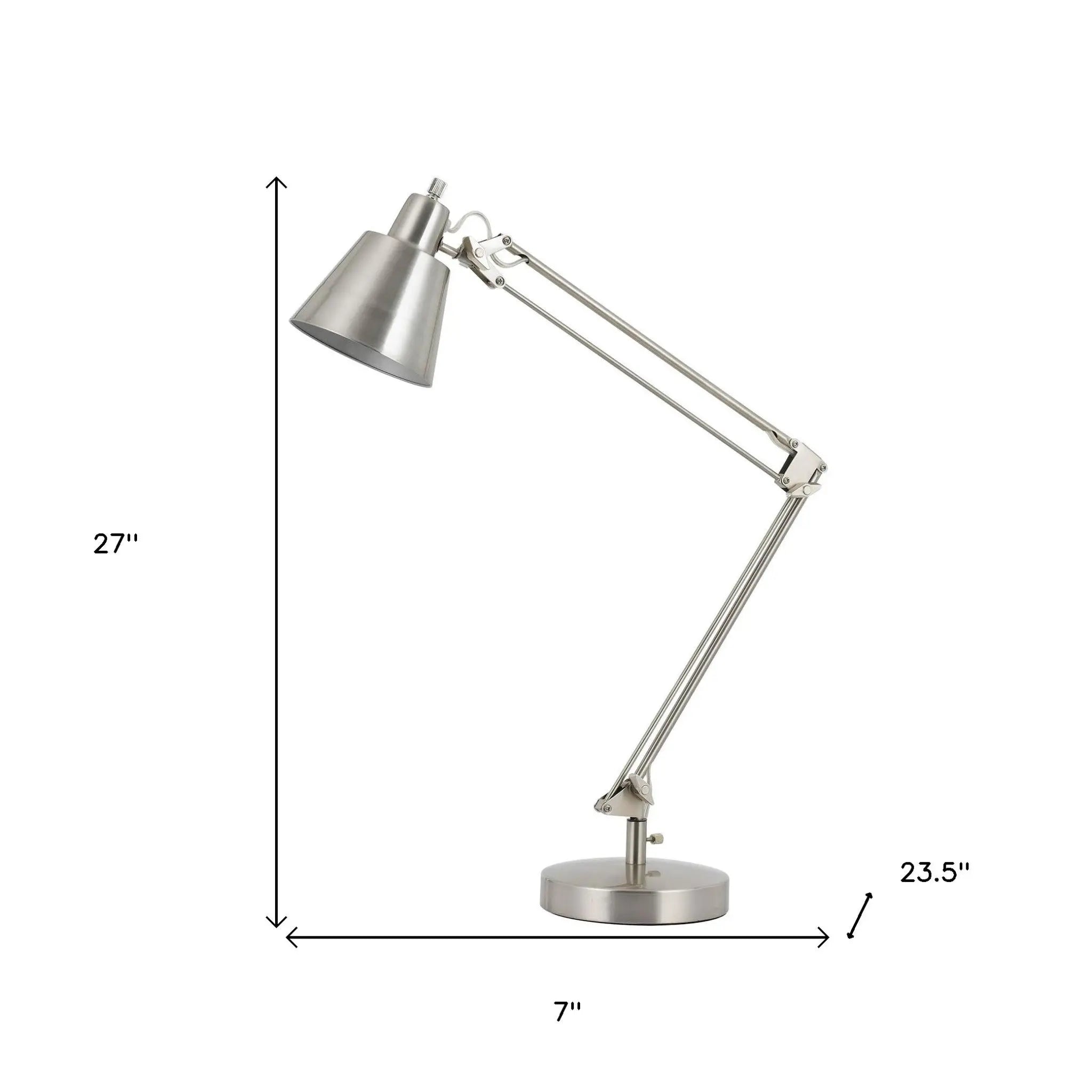 27" Nickel Metal Desk Table Lamp With Nickel Cone Shade White Diomedes