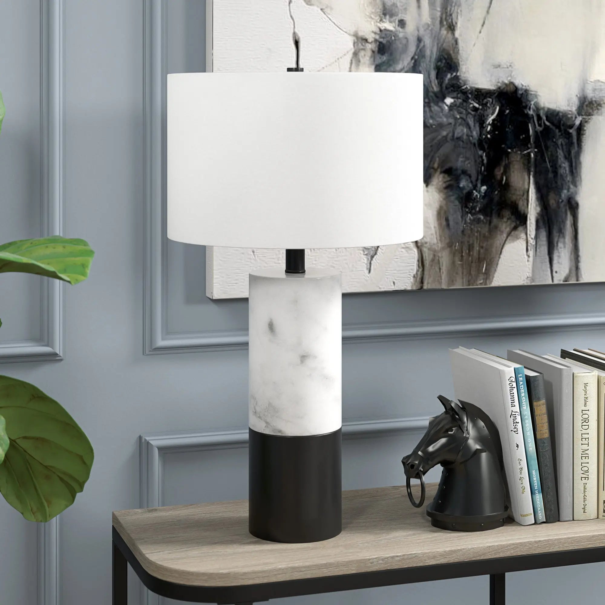 24" Black and White Marble and Metal Cylinder Table Lamp With White White Diomedes