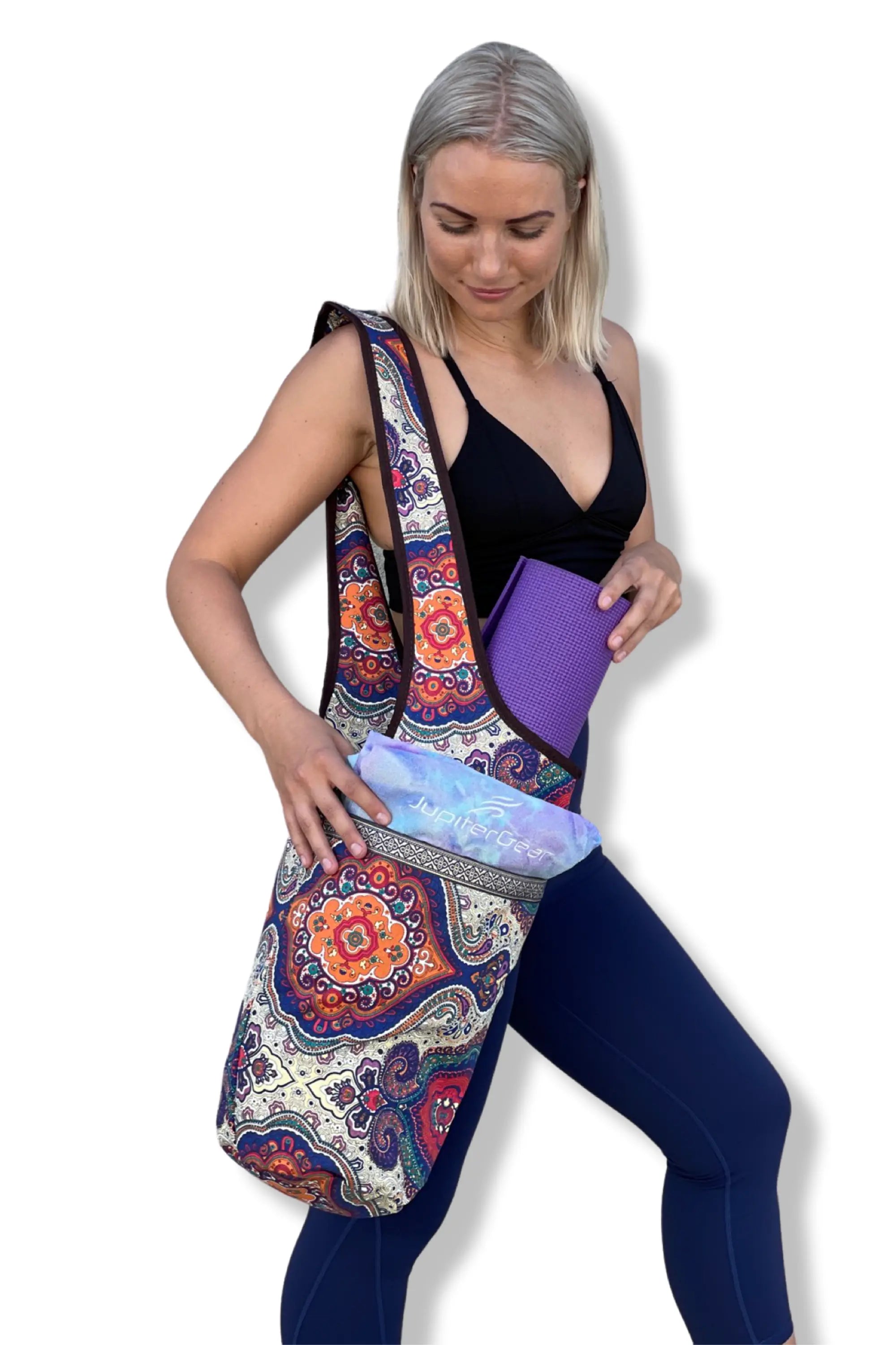 JupiterGear Yoga Mat Carrying Tote Bag with Large Pockets Black Lavender