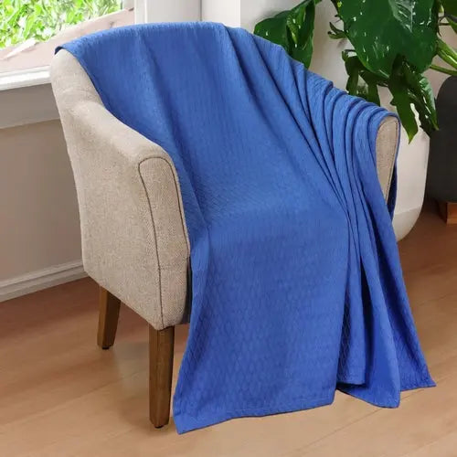 Twin Blue Cotton Woven Geometric Blanket White Diomedes