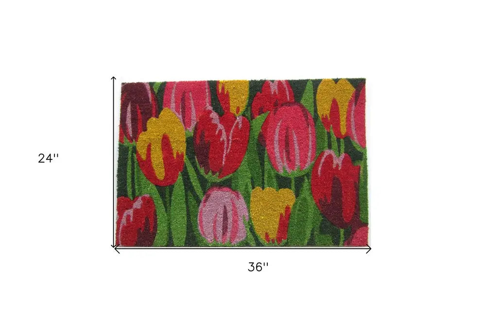 24" X 36" Red and Green Coir Floral Outdoor Spring Door Mat White Diomedes