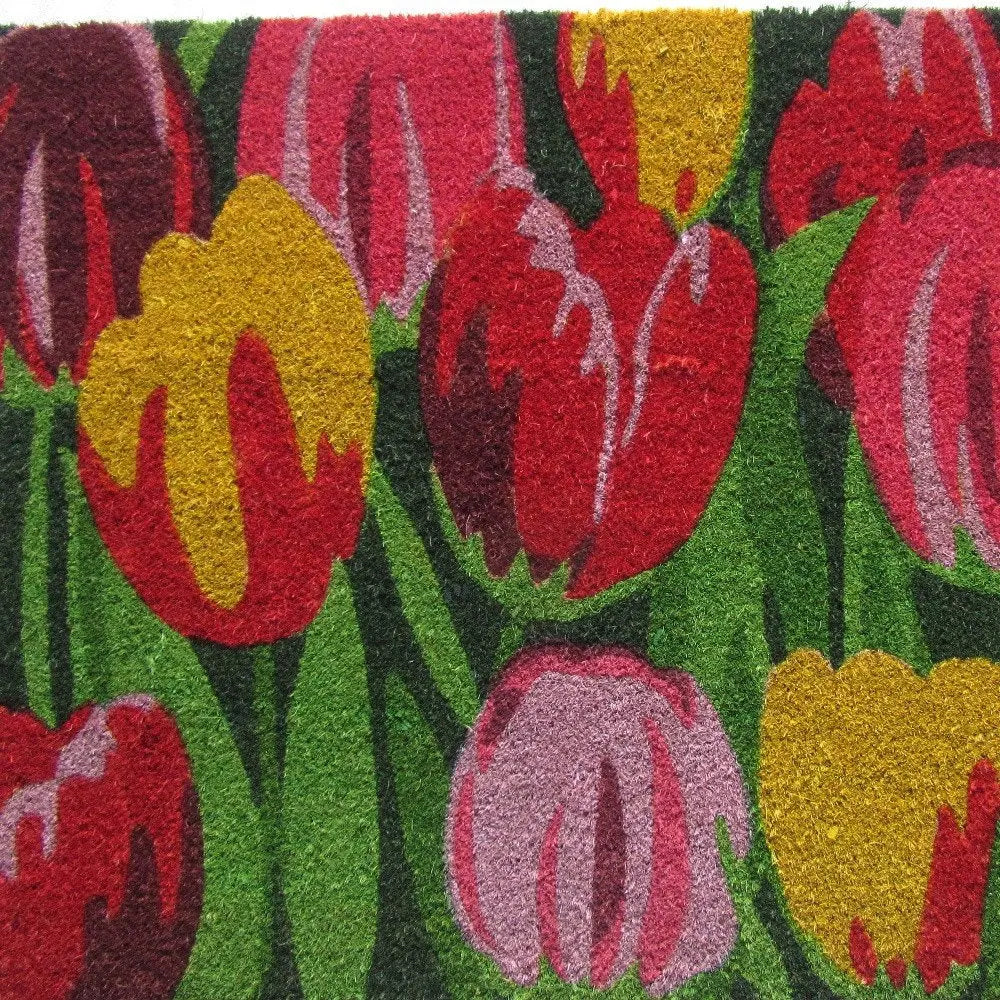 24" X 36" Red and Green Coir Floral Outdoor Spring Door Mat White Diomedes