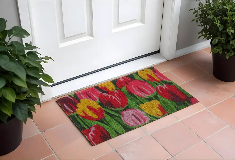 24" X 36" Red and Green Coir Floral Outdoor Spring Door Mat White Diomedes