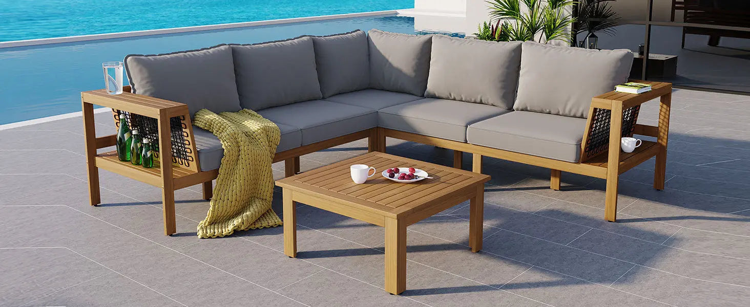 4 Pieces Outdoor Acacia Wood Sofa Set, Woven Mesh Armrests, L-Shaped Sangria Beech