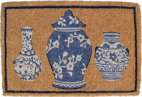 20" X 30" Brown Blue And White Chinoiserie Coir Abstract Outdoor Door White Diomedes