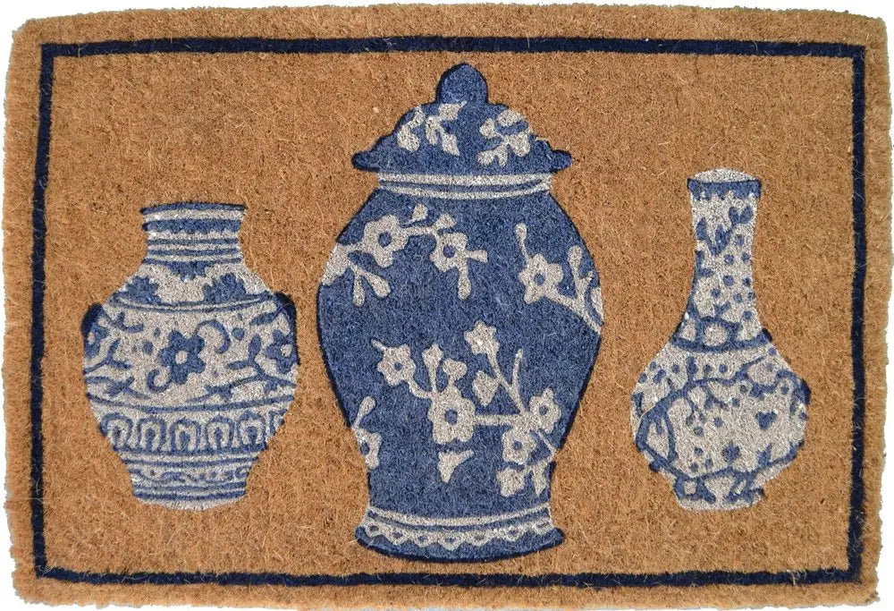 20" X 30" Brown Blue And White Chinoiserie Coir Abstract Outdoor Door White Diomedes
