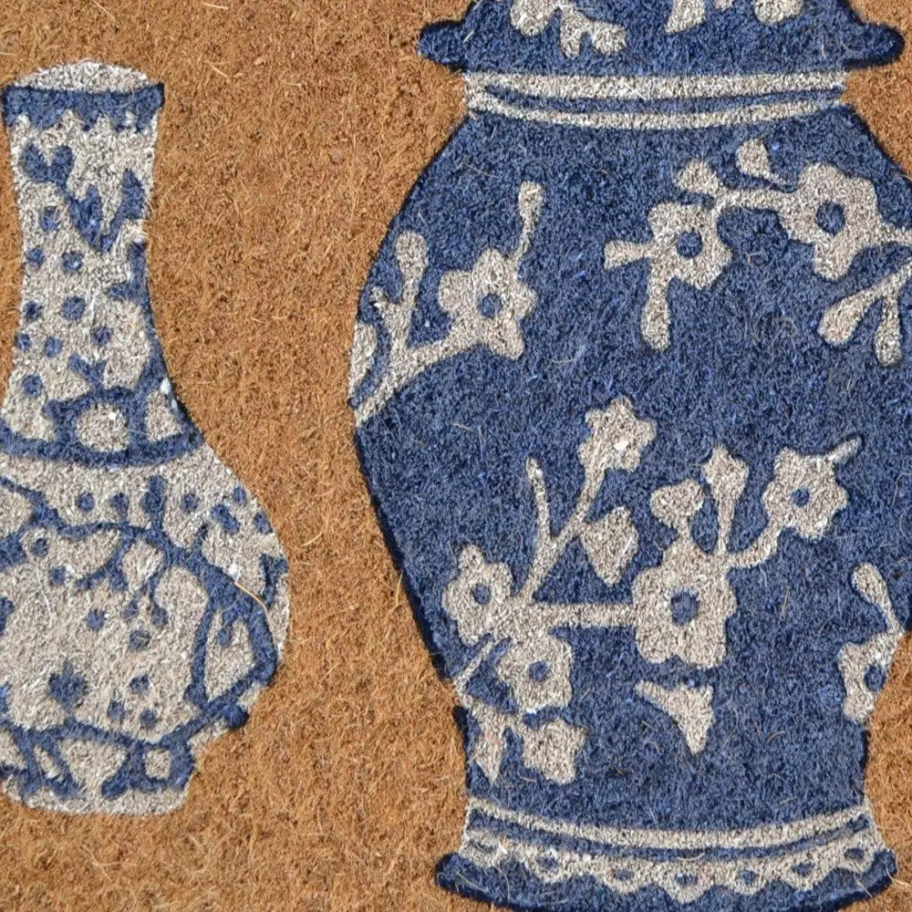 20" X 30" Brown Blue And White Chinoiserie Coir Abstract Outdoor Door White Diomedes