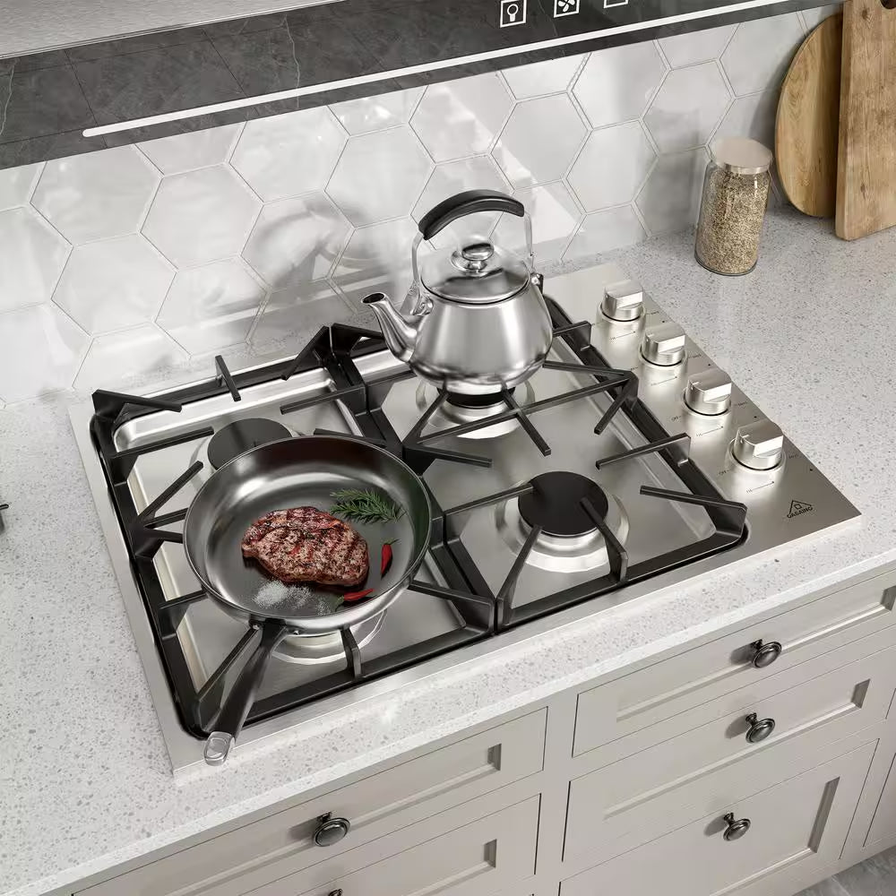 Built-In 30 In. Gas Cooktop in Stainless Steel with 4 Burners and LP Conversion Kit, CSA Certified