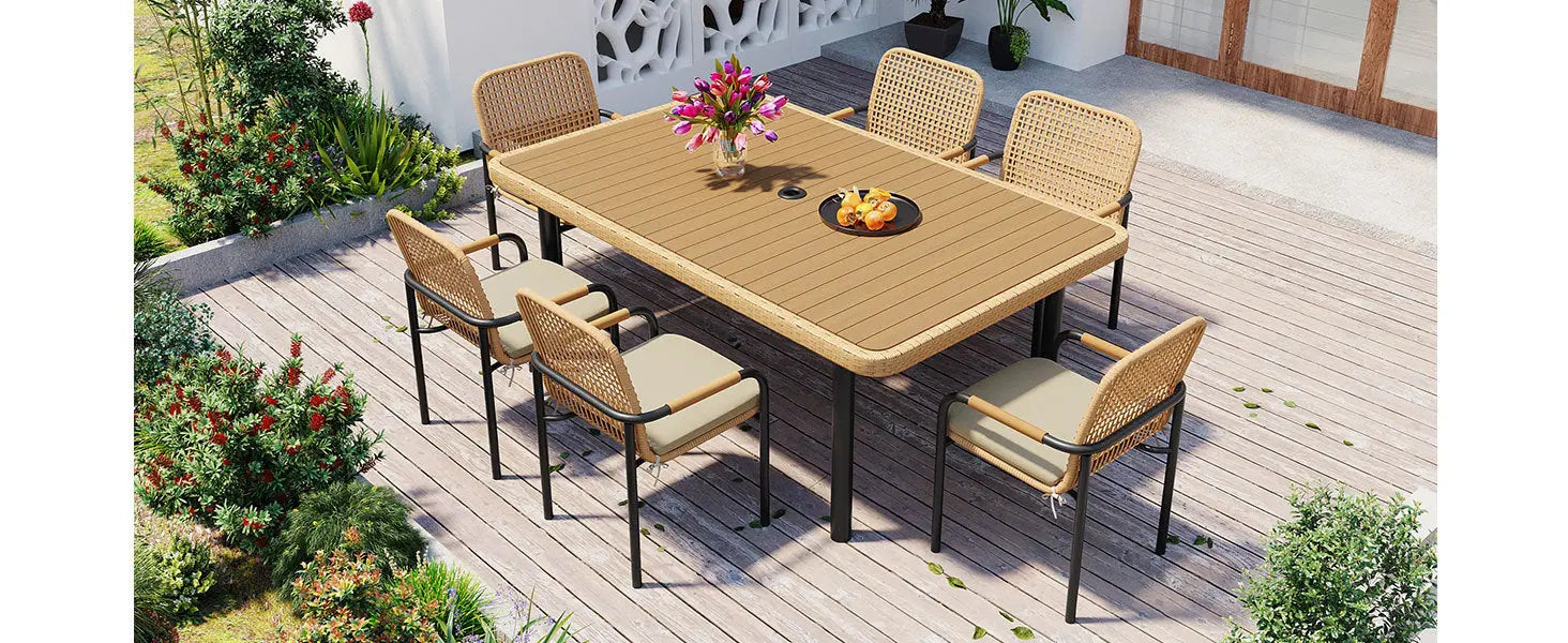 7 Pieces Patio Dining Set, Outdoor Wicker Furniture Set, Plastic-wood Sangria Beech