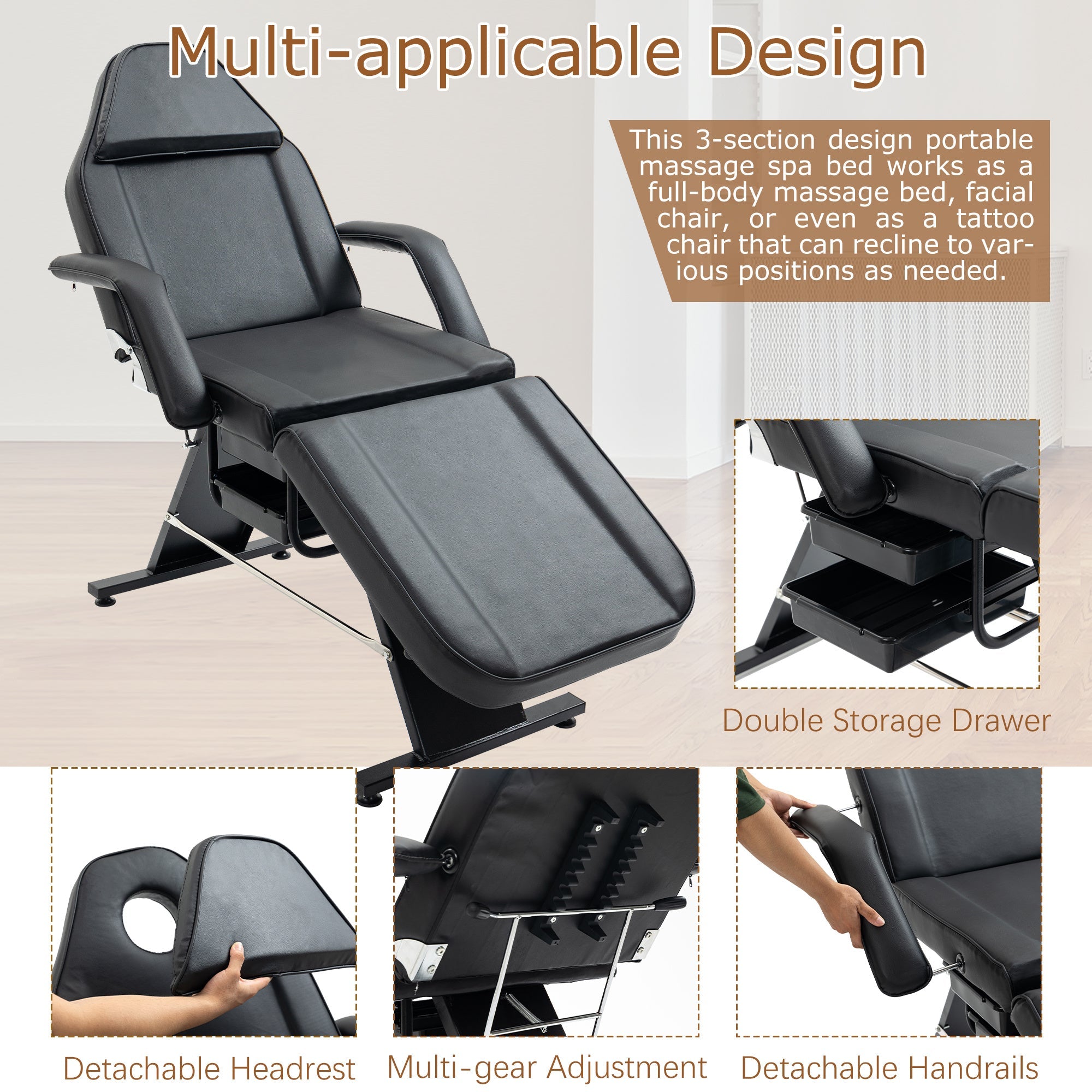 Massage Salon Tattoo Chair With Two Trays Esthetician Bed With Hydraulic Stool,Multi-Purpose 3-Section Facial Bed Table, Adjustable Beauty Barber Spa Beauty Equipment Pink Lucy