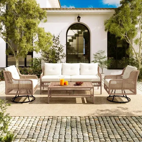 4 Pieces Patio Furniture Set with Swivel Chairs, Outdoor Wicker Sofas Sangria Beech