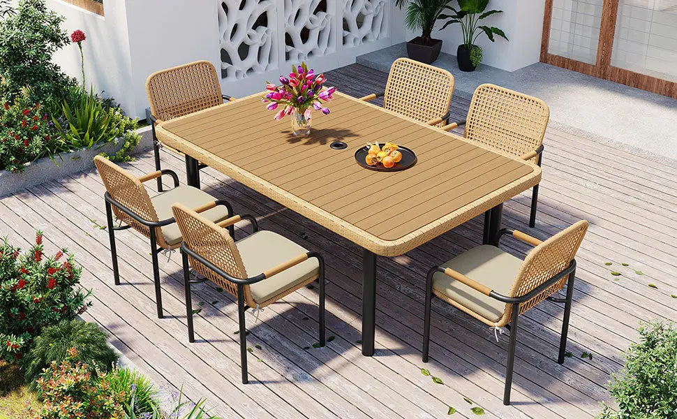 7 Pieces Patio Dining Set, Outdoor Wicker Furniture Set, Plastic-wood Sangria Beech