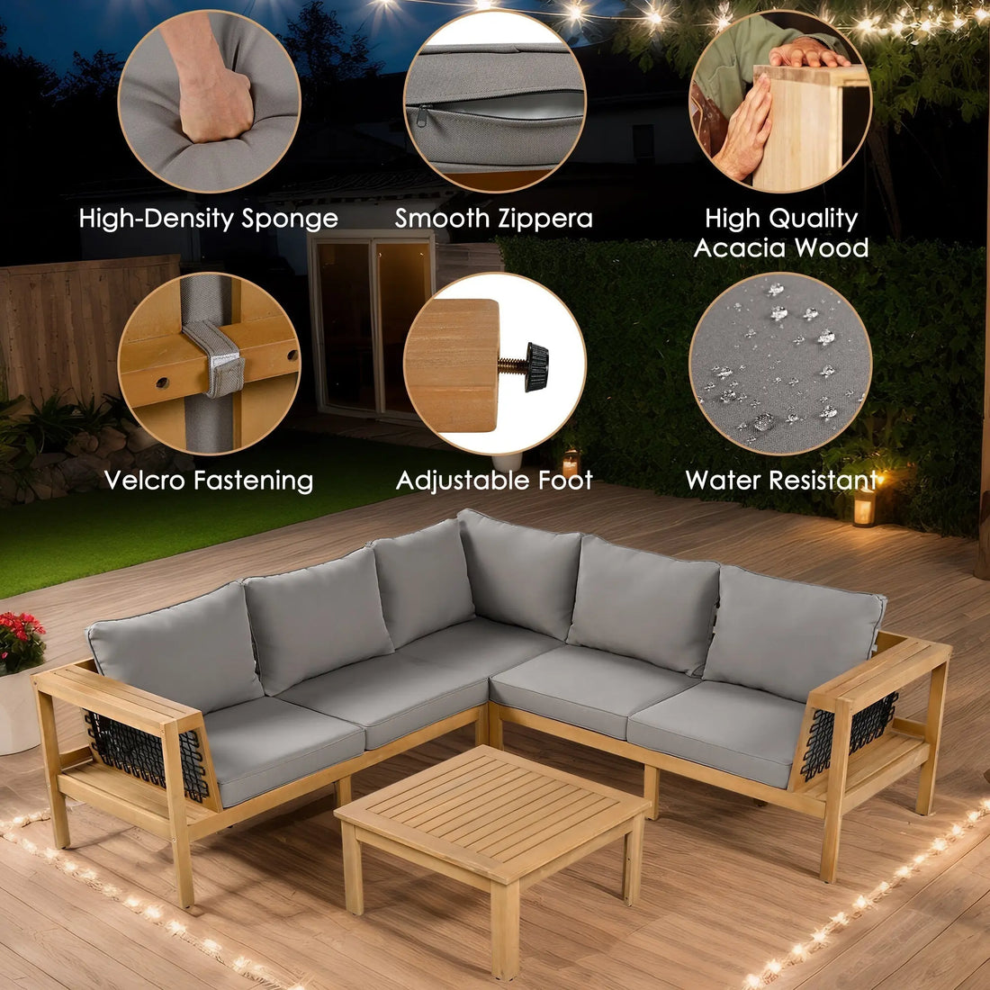 4 Pieces Outdoor Acacia Wood Sofa Set, Woven Mesh Armrests, L-Shaped Sangria Beech