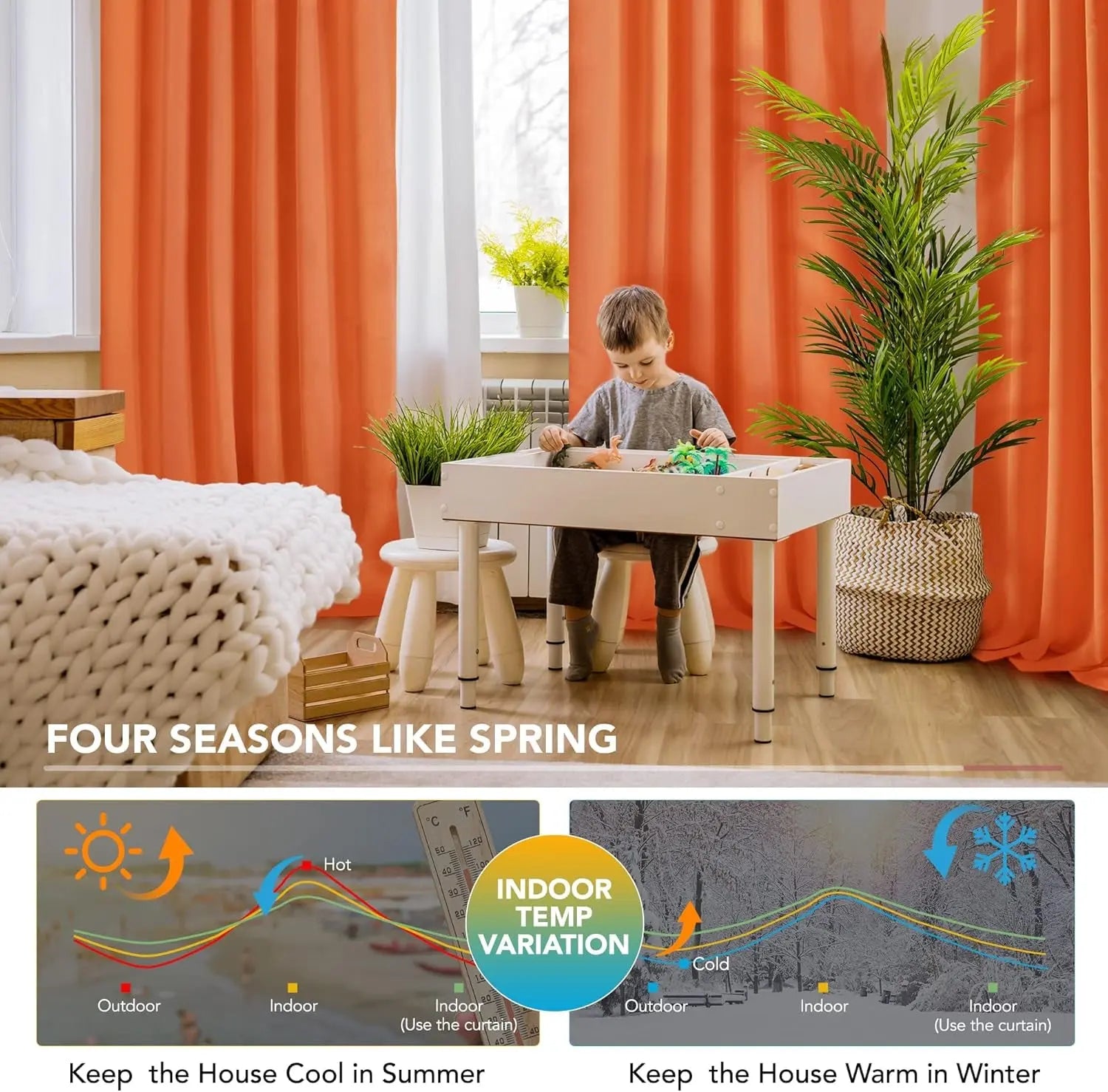 Total Blackout Curtains, Rod Pocket Thermal Insulated Drapes for Bedroom, 2 Panels, 100% Light Blocking, Energy Saving Curtains, Orange, W52 X L108