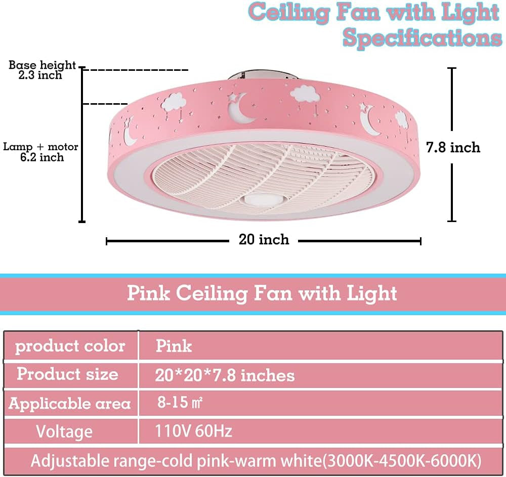 Ceiling Fan with Lights,20" Flush Mount Ceiling Fan,72W Enclosed Ceiling Fan with Remote Control Dimmable,3 Color(3000K-6500K),Low Profile Ceiling Fan,Timing 1/2H 3 Files,Children&