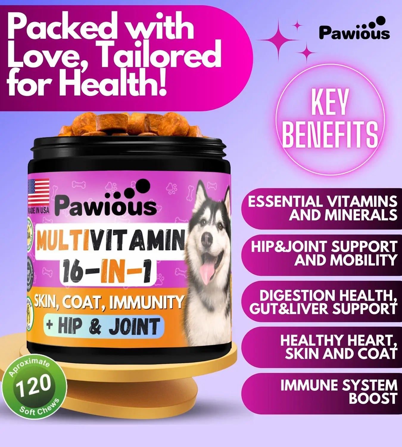 Dog Multivitamin Chewable with Glucosamine 16 in 1 Dog Vitamins and Periwinkle Eros