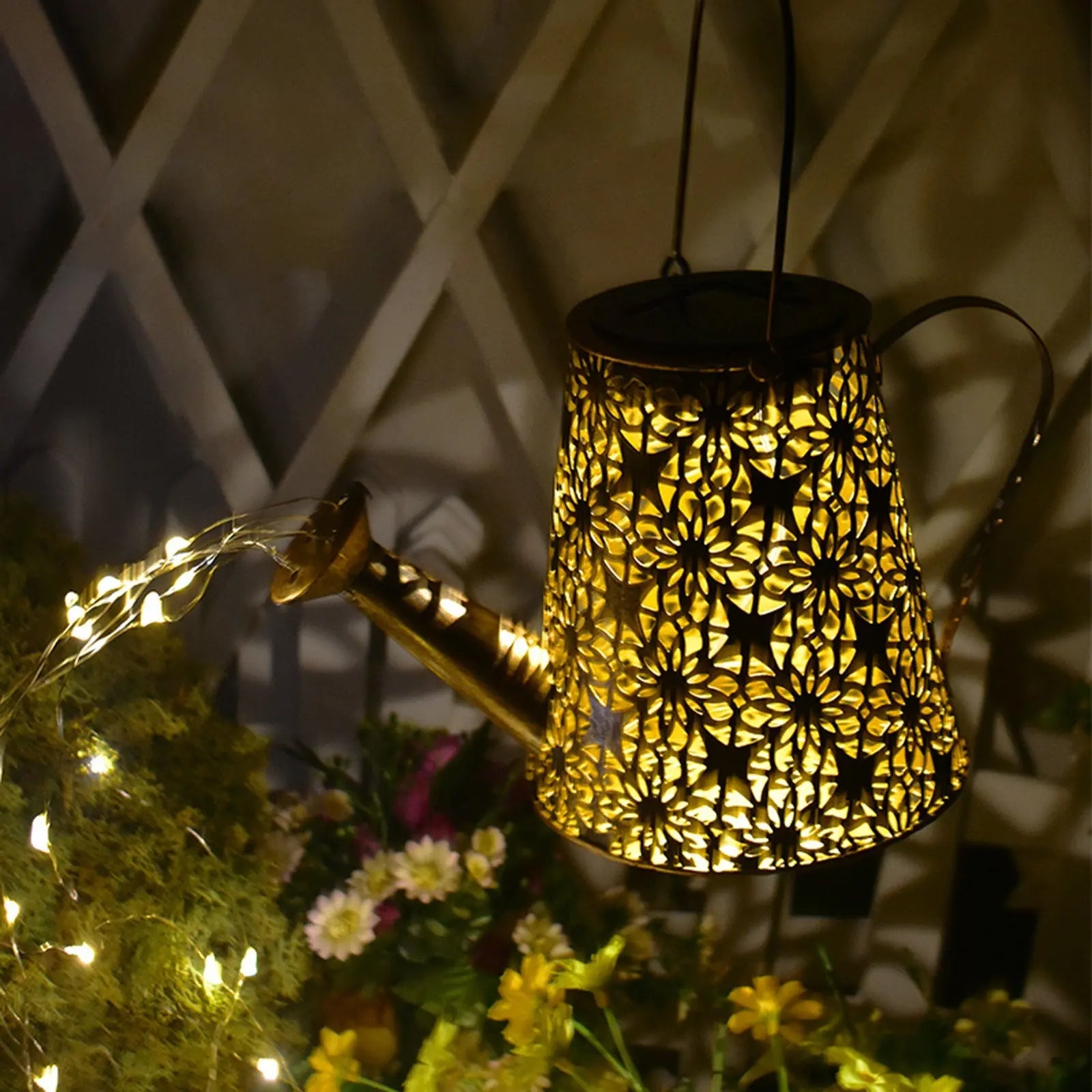 Solar Watering Can Lights Outdoor Decor Hanging Kettle Lantern Light Pink Iolaus