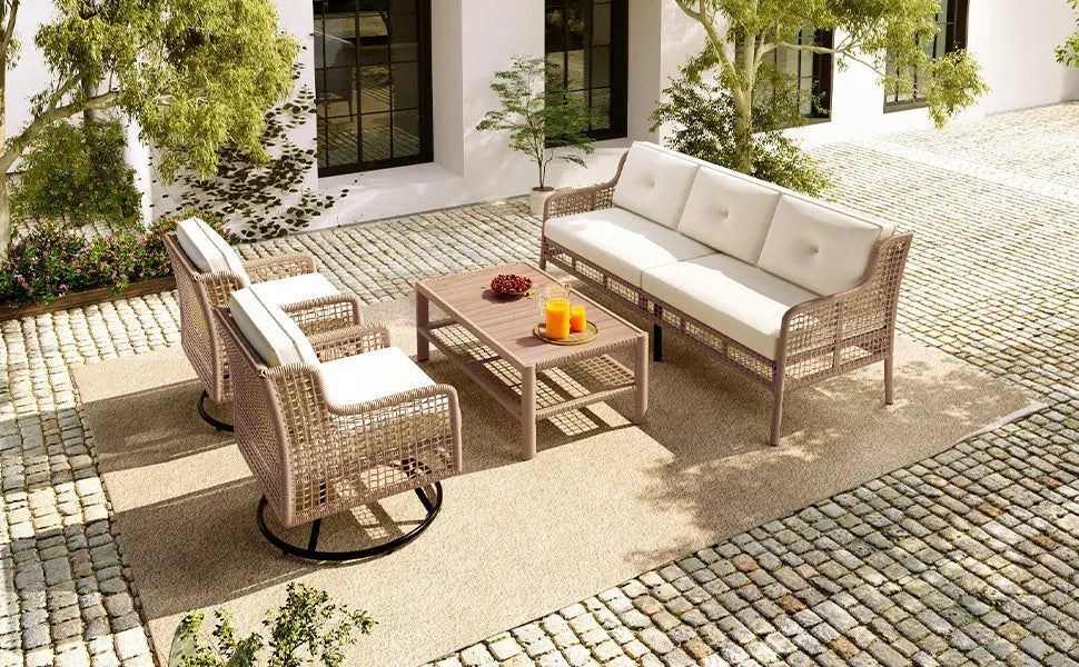 4 Pieces Patio Furniture Set with Swivel Chairs, Outdoor Wicker Sofas Sangria Beech