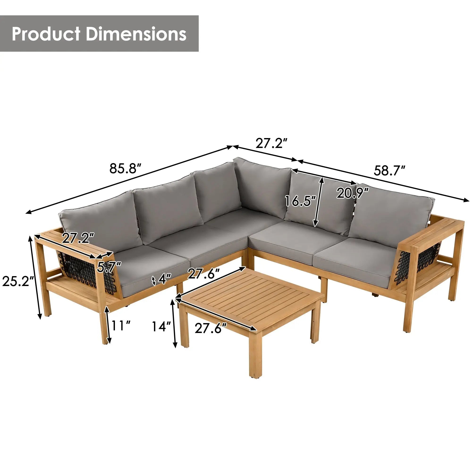 4 Pieces Outdoor Acacia Wood Sofa Set, Woven Mesh Armrests, L-Shaped Sangria Beech