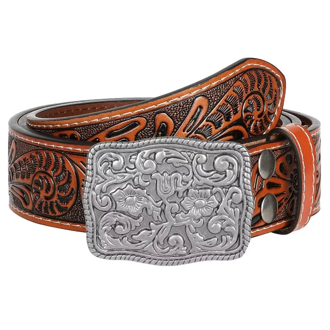 Men Women Western Belts Floral Embossed Leather Country Belt Cowgirls Cowboy