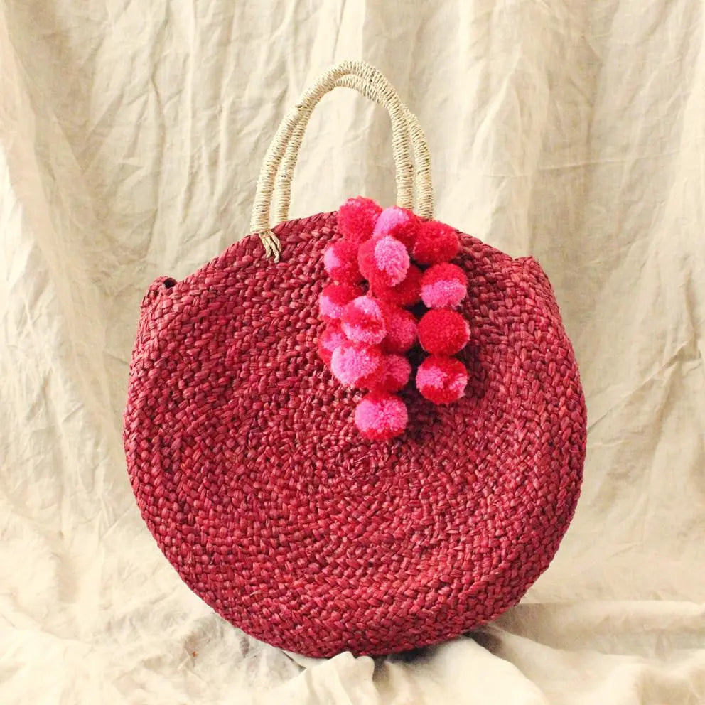 Red Luna Bag - Round Handwoven Straw Tote Bag with Cocoa Brunn