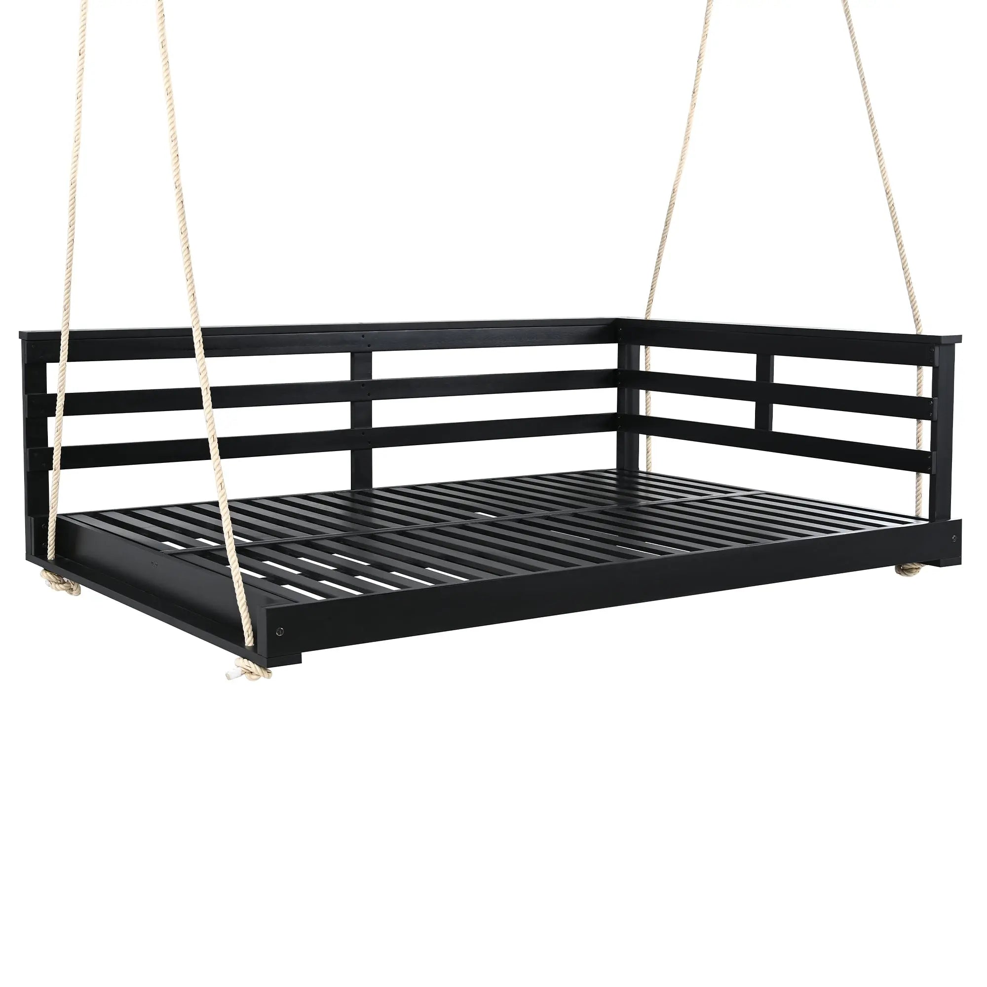 Acacia Wood Porch Swing Bed for Outdoor with Hemp Ropes - Full Size Sangria Beech