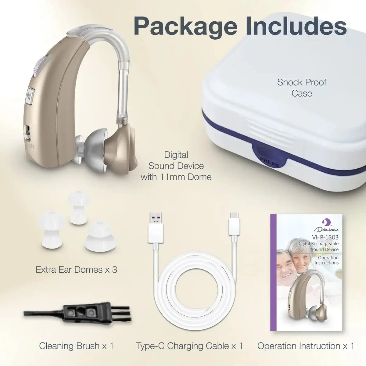 Hearing Aid VHP-1303 for Seniors with 4 Modes & 8 Volume Control, Rechargeable Digital Sound Device with Noise Cancelling, Ideal for Adults with Hearing Loss - Gold
