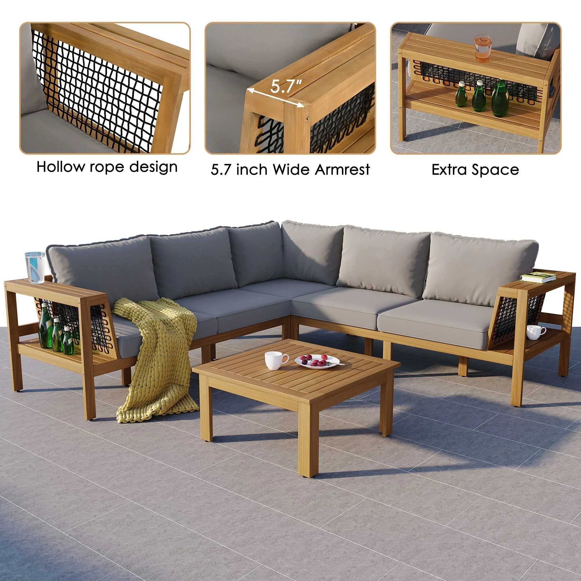 4 Pieces Outdoor Acacia Wood Sofa Set, Woven Mesh Armrests, L-Shaped Sangria Beech