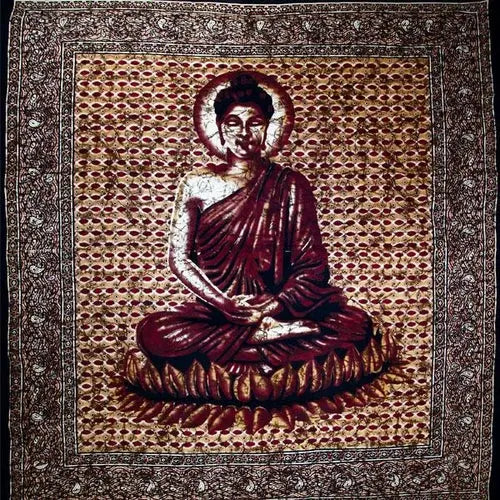 Brown Buddha In Meditation Batik Style Tapestry Silver Hestia
