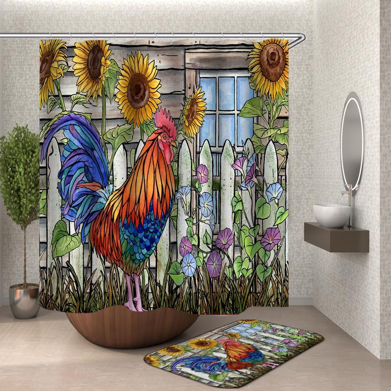 Sunflowers And Rooster Painting Shower Curtain Amethyst Hera