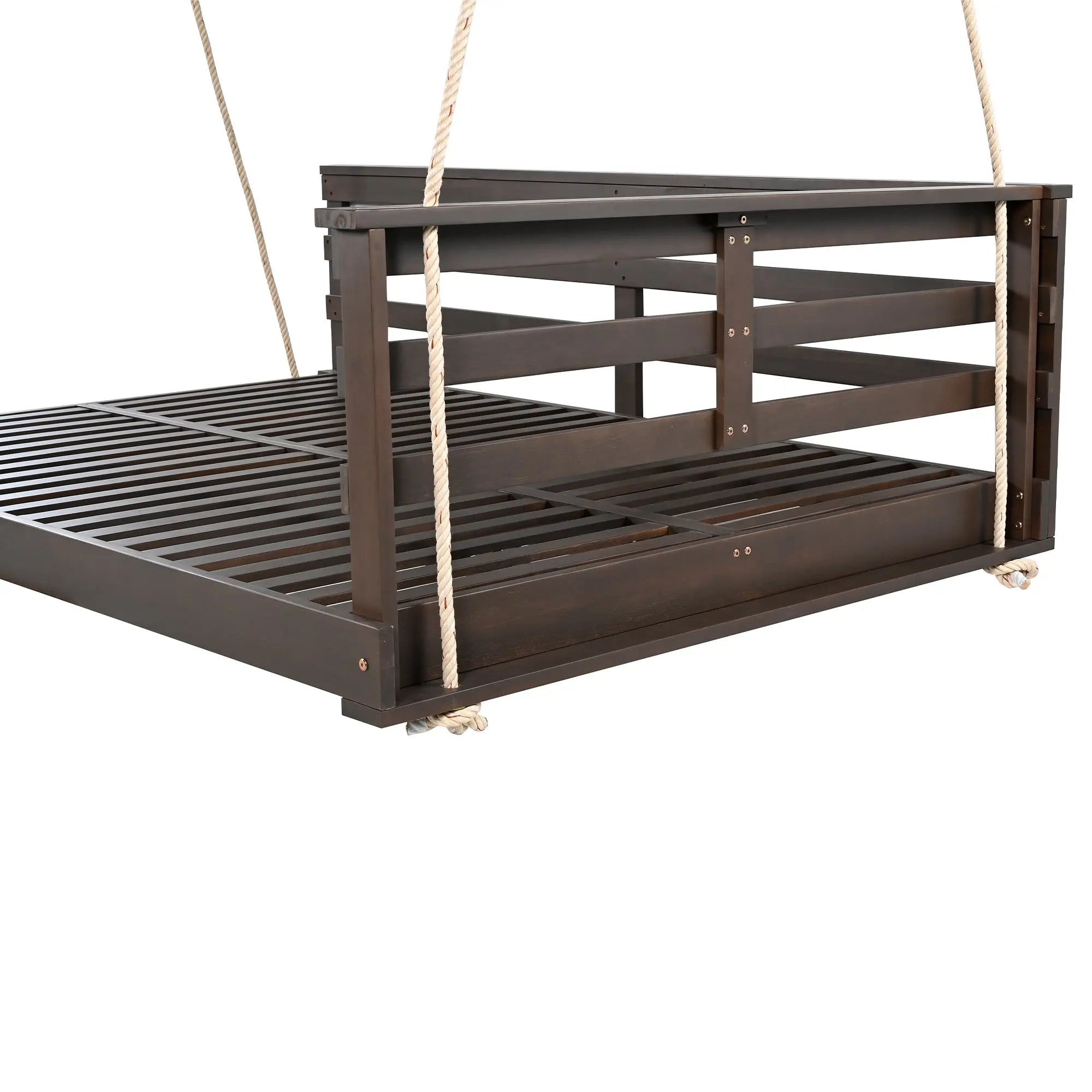 Acacia Wood Porch Swing Bed for Outdoor with Hemp Ropes - Full Size Sangria Beech
