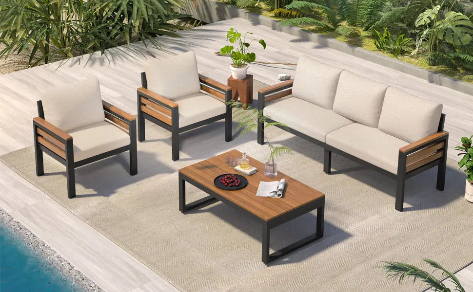 4-Piece Outdoor Furniture Sofa Set for 5 People with Acacia Wood Sangria Beech