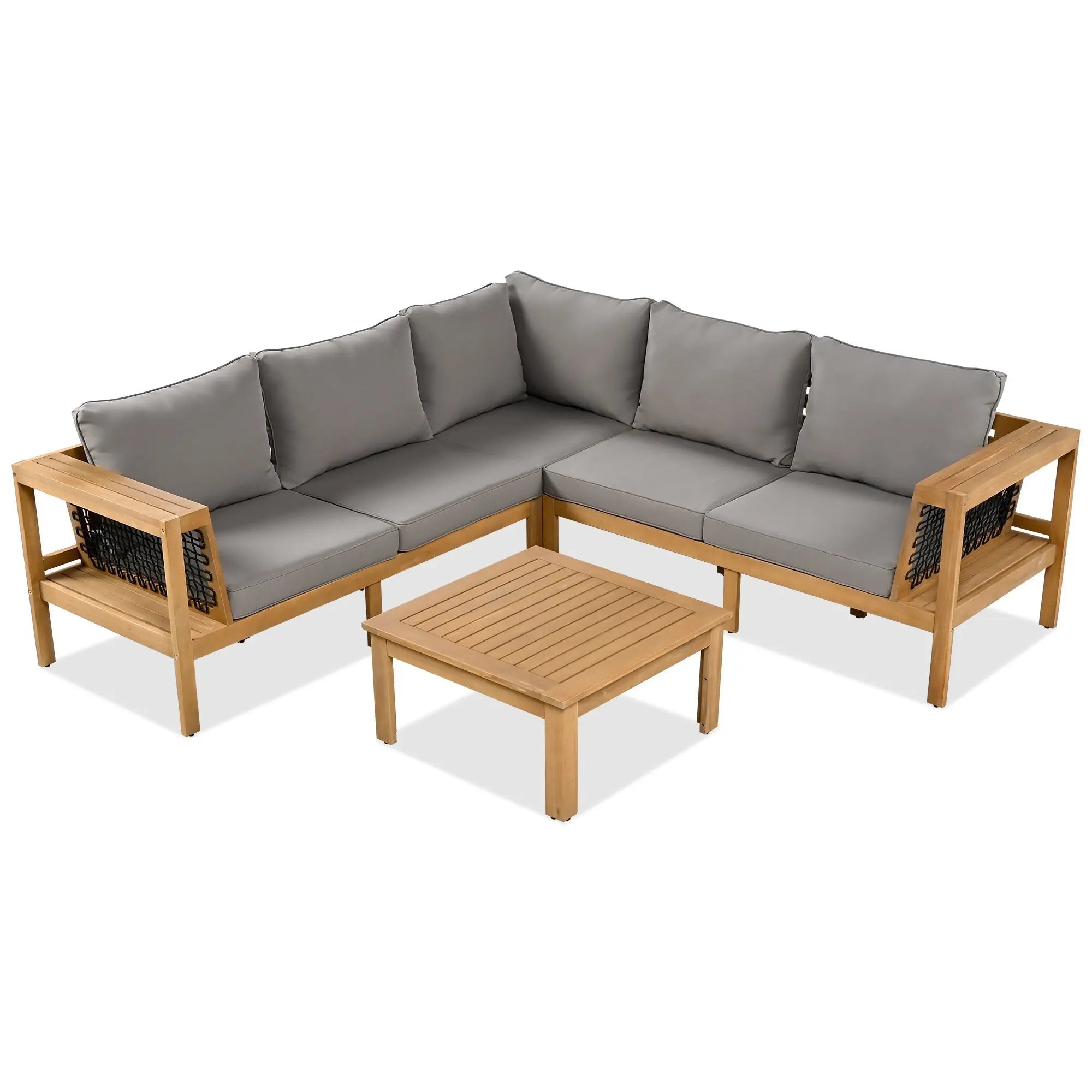 4 Pieces Outdoor Acacia Wood Sofa Set, Woven Mesh Armrests, L-Shaped Sangria Beech
