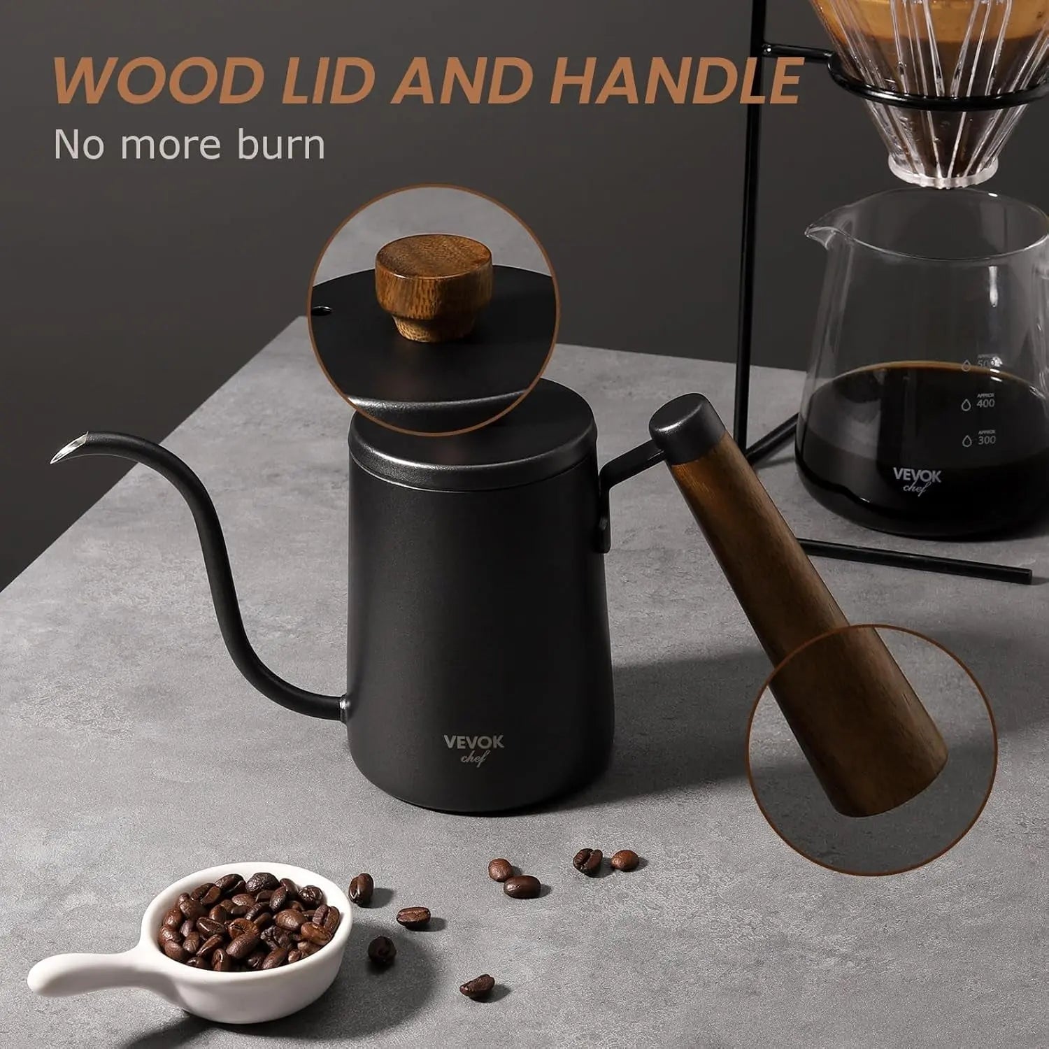 Mini Gooseneck Kettle with Wooden Handle, 20 Ounce 550Ml for 2 Cups, Stainless Steel Narrow Long Spout, Small Tea Water Coffee Kettle for Pour Over, Drip Coffee Maker, Teapot