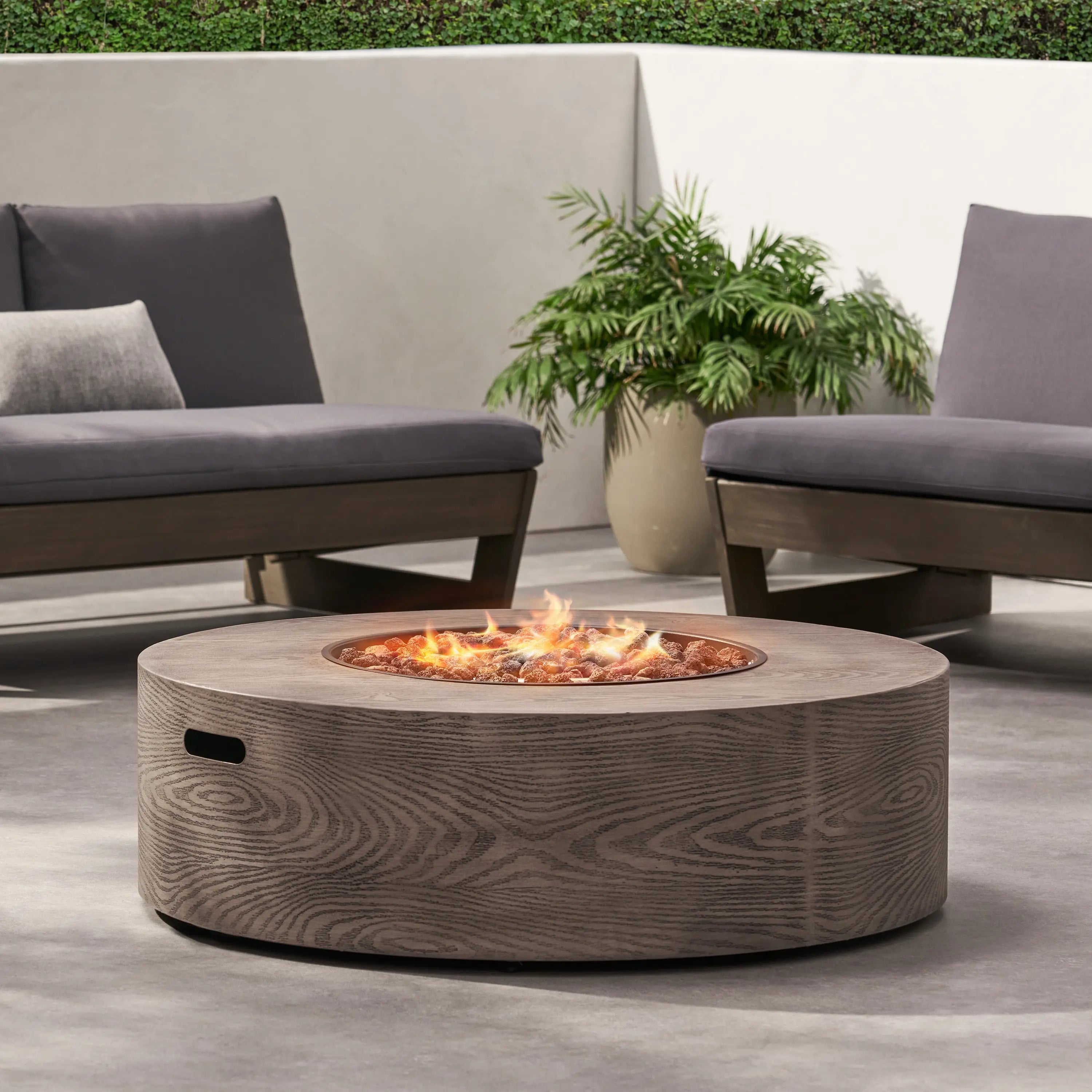 AIDAN ROUND IRON FIRE PIT - 50,000 BTU TANK OUTSIDE Sangria Beech