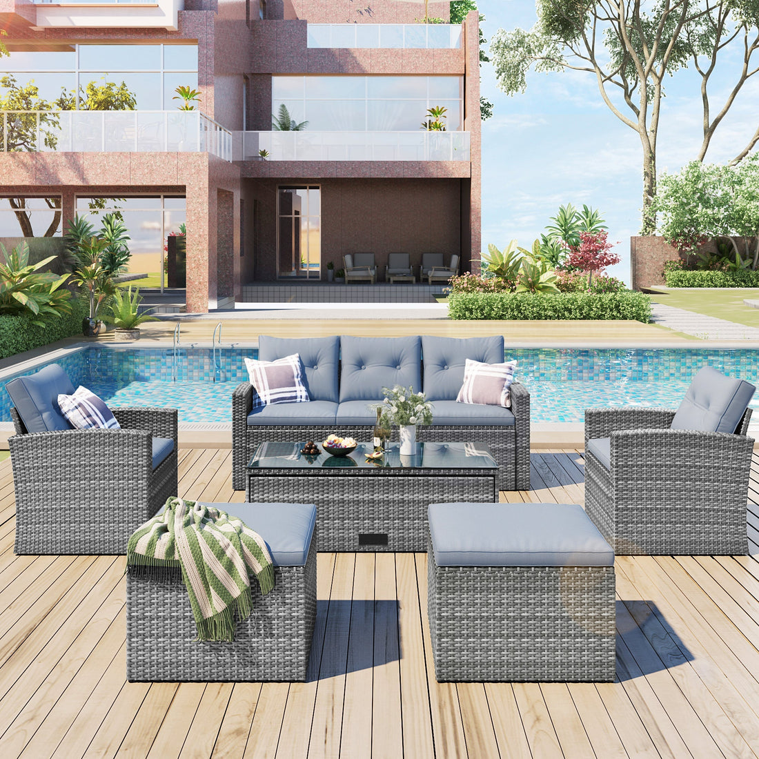 6-piece All-Weather PE rattan Patio Outdoor Dining Conversation Sangria Beech
