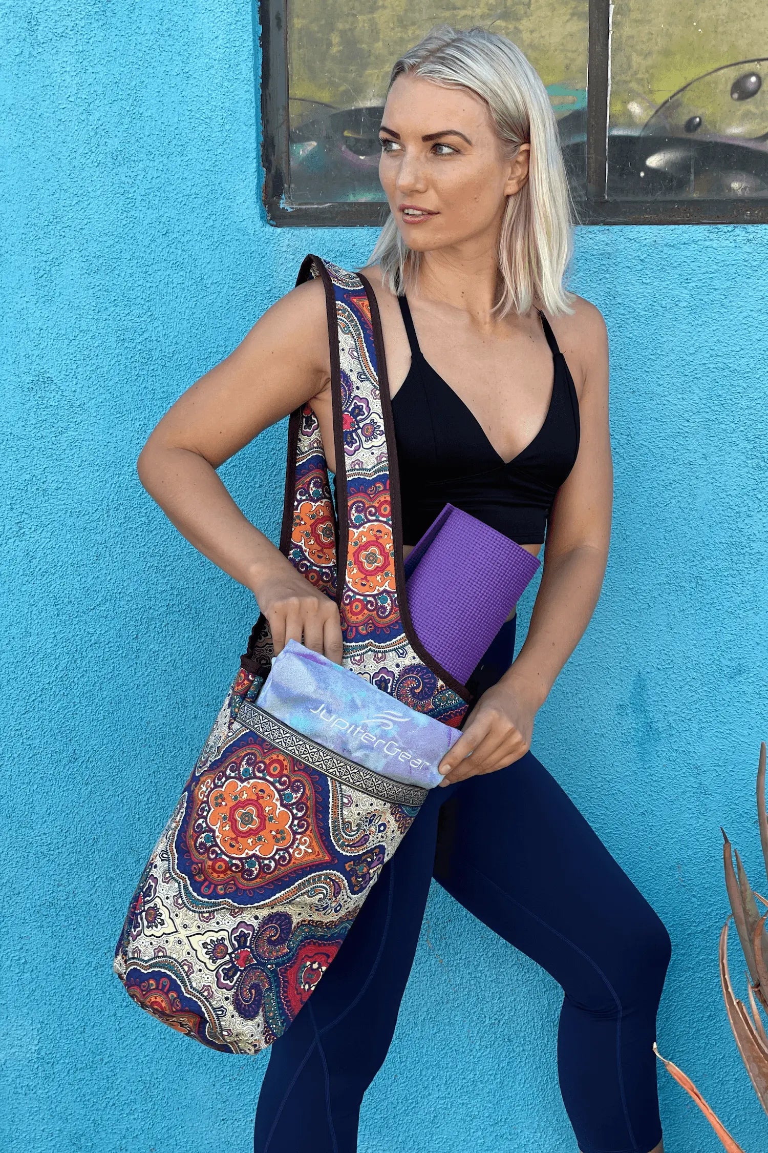 JupiterGear Yoga Mat Carrying Tote Bag with Large Pockets Black Lavender
