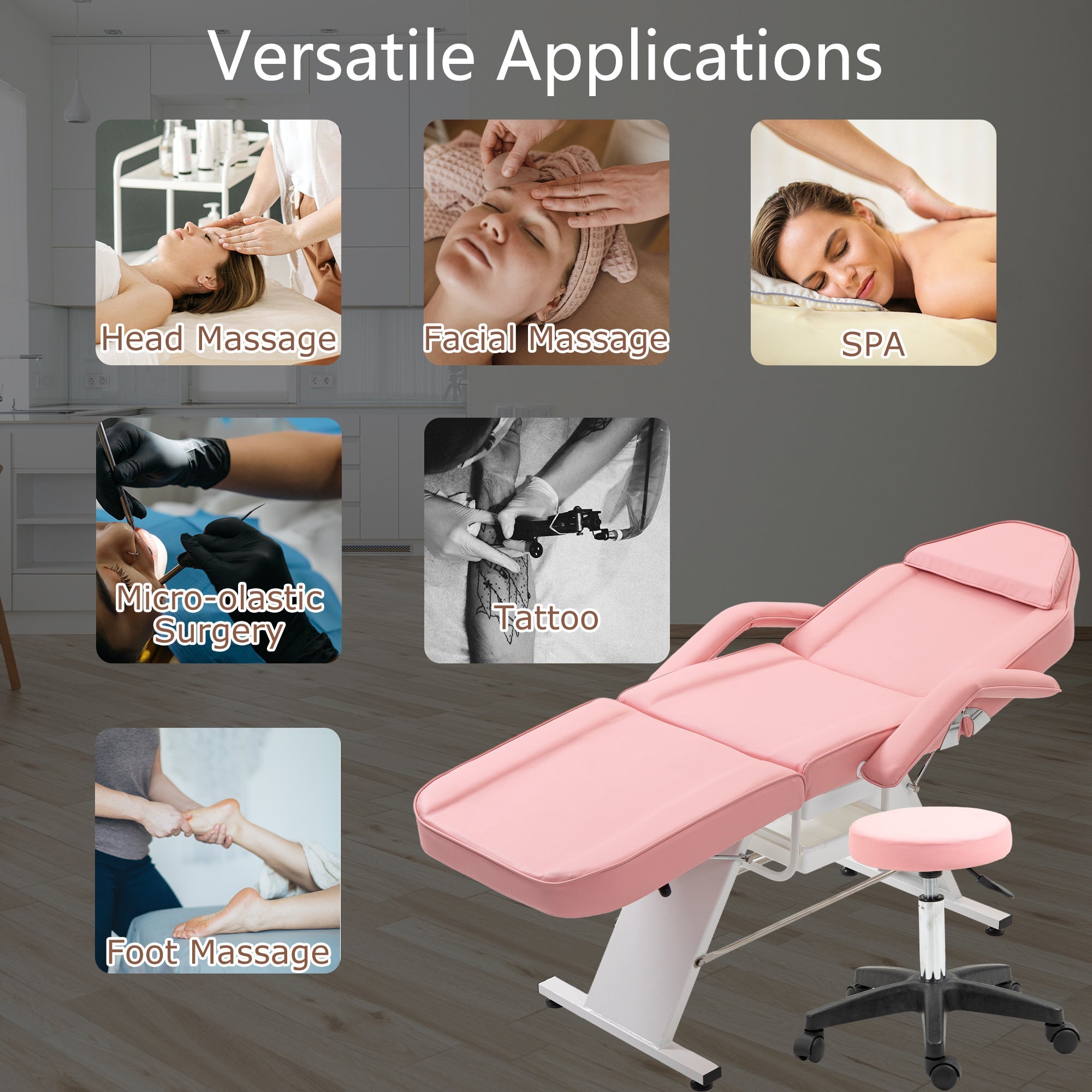 Massage Salon Tattoo Chair With Two Trays Esthetician Bed With Hydraulic Stool,Multi-Purpose 3-Section Facial Bed Table, Adjustable Beauty Barber Spa Beauty Equipment Pink Lucy