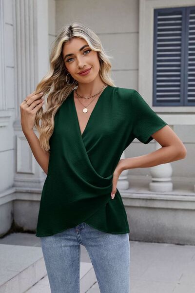 Out of State - Solid Color Surplice Short Sleeve Blouse Jade Icarus