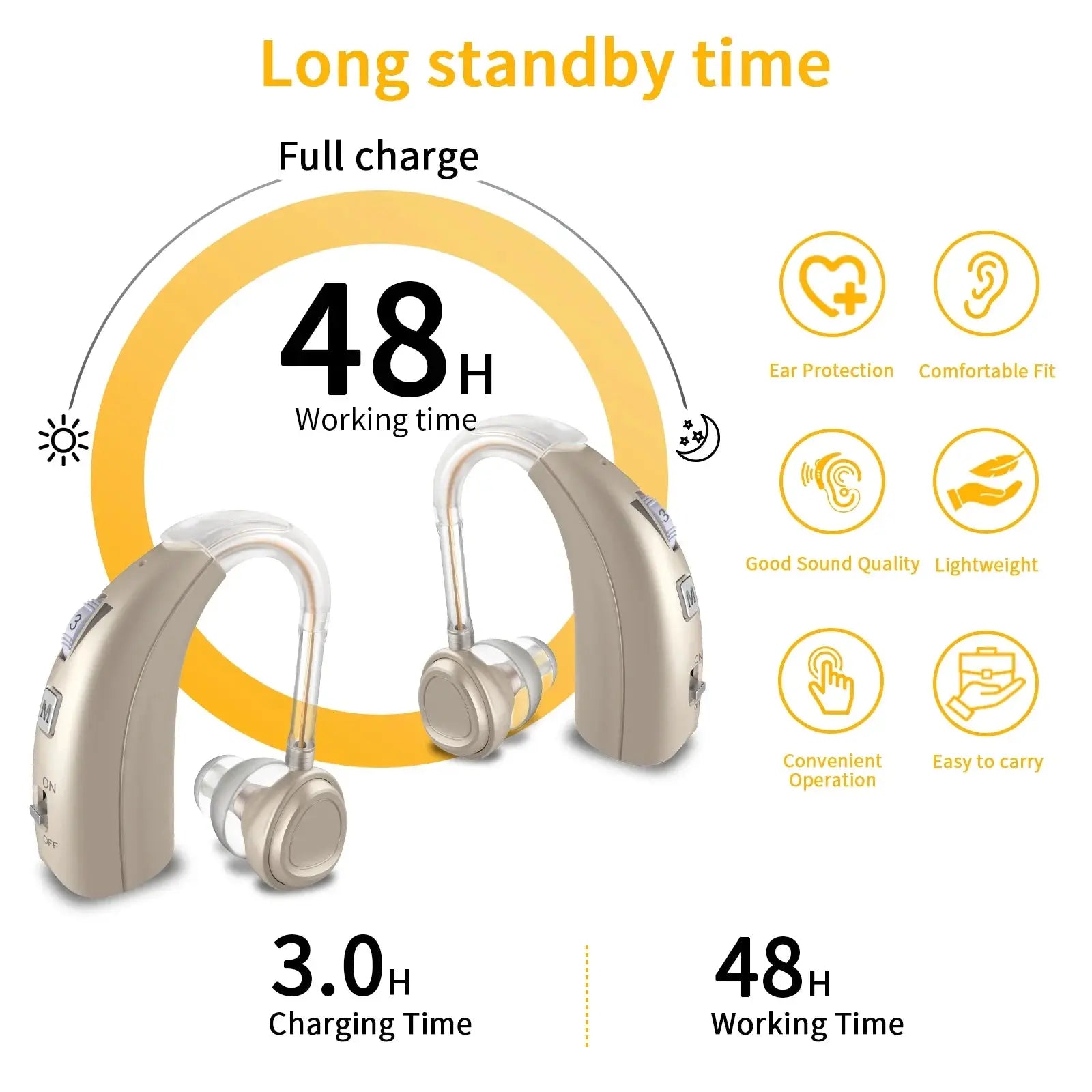 Hearing Aid VHP-1303 for Seniors with 4 Modes & 8 Volume Control, Rechargeable Digital Sound Device with Noise Cancelling, Ideal for Adults with Hearing Loss - Gold