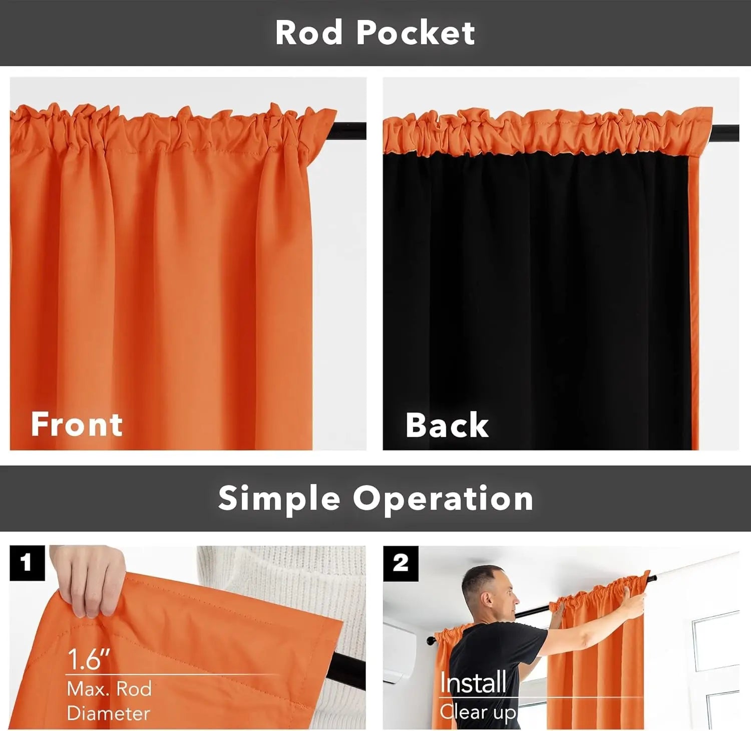 Total Blackout Curtains, Rod Pocket Thermal Insulated Drapes for Bedroom, 2 Panels, 100% Light Blocking, Energy Saving Curtains, Orange, W52 X L108