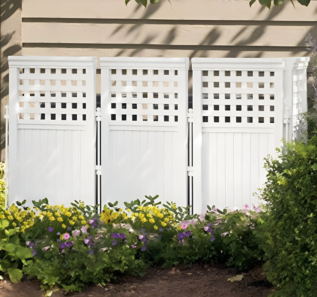 4 Panel Outdoor Screen Enclosure - Freestanding Steel Resin Reversible Panel Outdoor Screen - Perfect for Concealing Garbage Cans, Air Conditioners - White