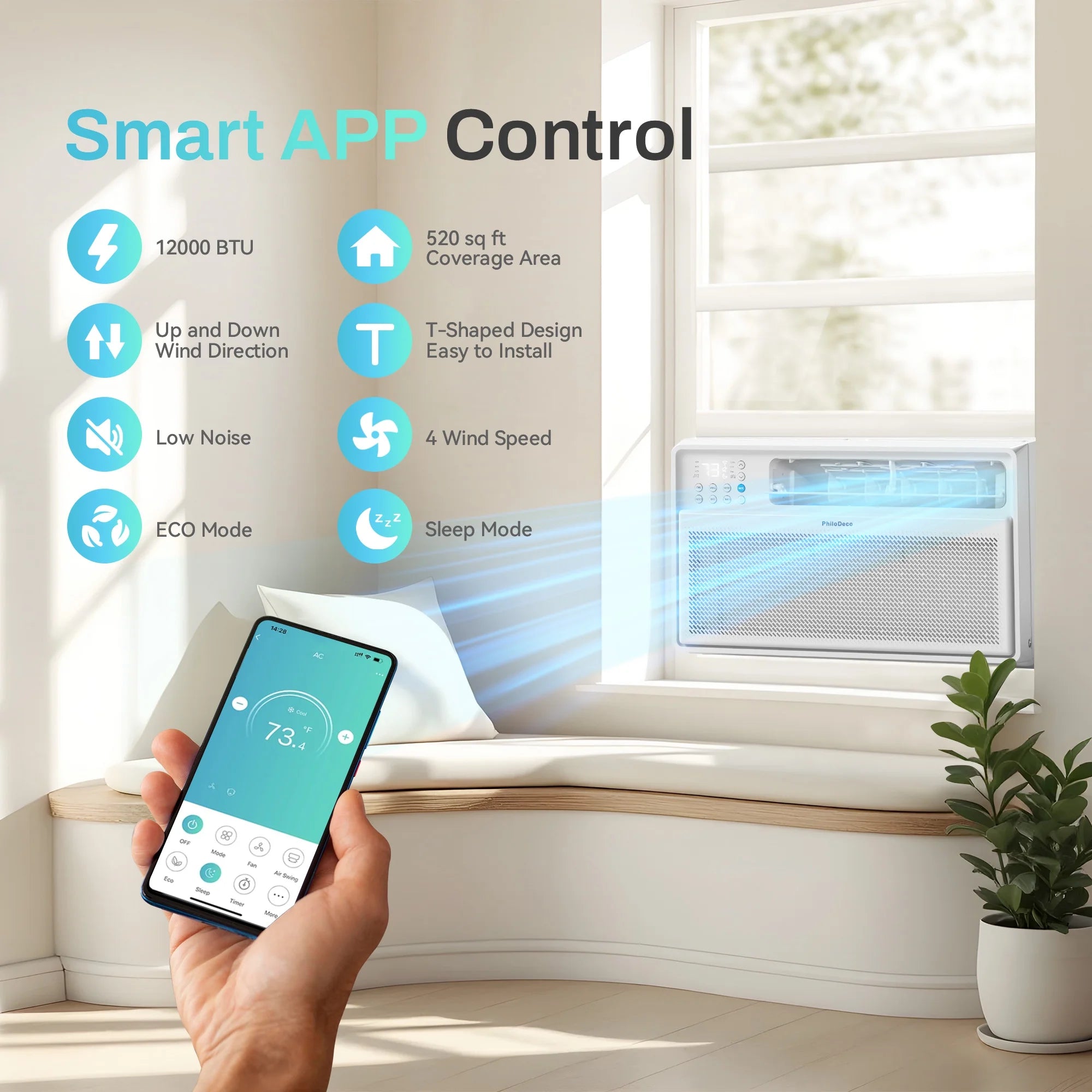 Energy Star Window Air Conditioner,12000 BTU 520 Sq Ft. Air Conditioner Window Unit with Wifi Inverter Ac, Remote Control, Ultra Quiet & Easy Installation, ECO/24 Timer/Auto Restart