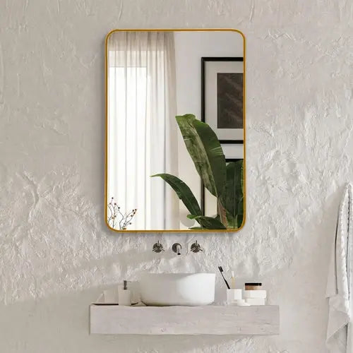22x30 Inch Gold Metal Framed Rectangular Bathrrom Mirror for Wall. Sangria Beech