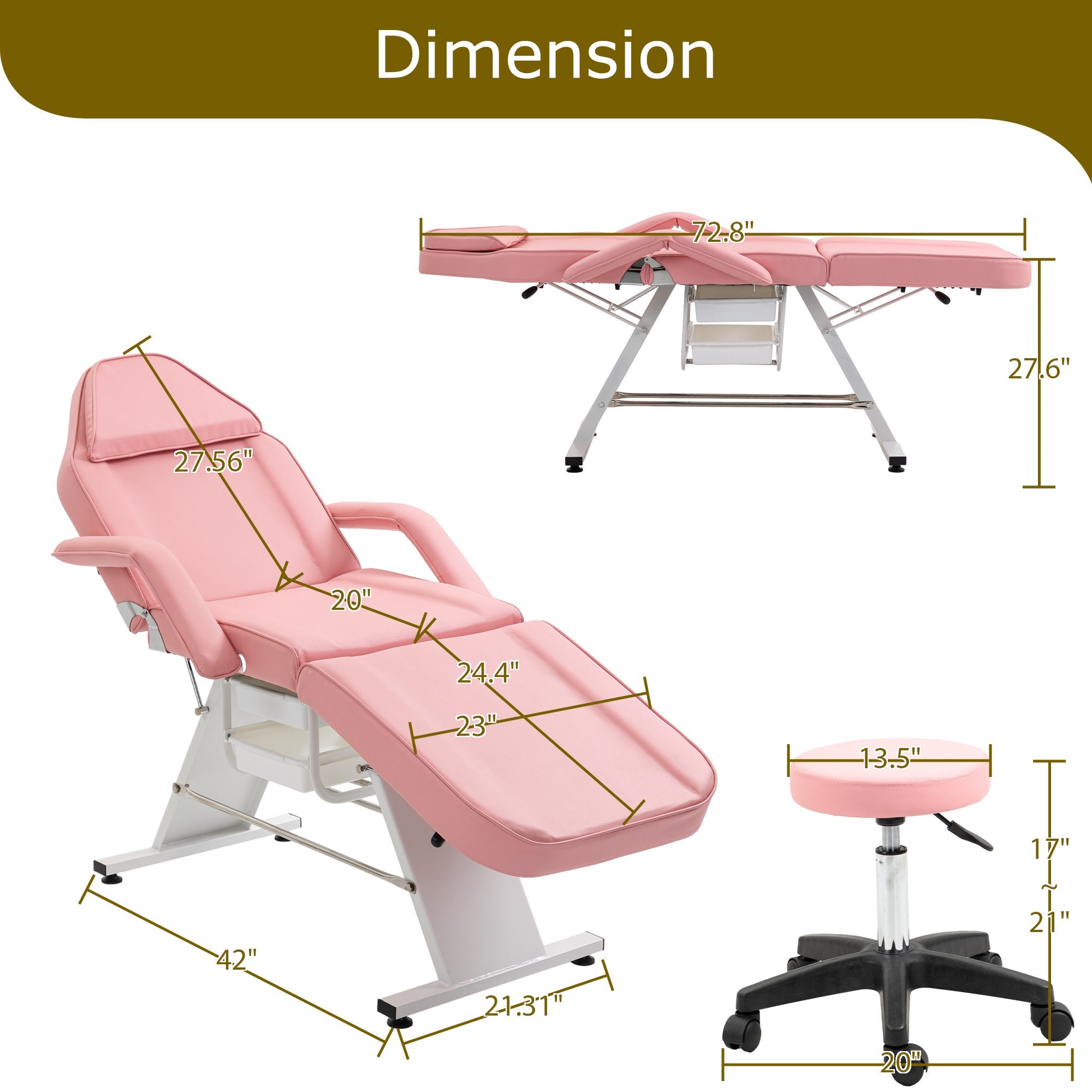 Massage Salon Tattoo Chair With Two Trays Esthetician Bed With Hydraulic Stool,Multi-Purpose 3-Section Facial Bed Table, Adjustable Beauty Barber Spa Beauty Equipment Pink Lucy