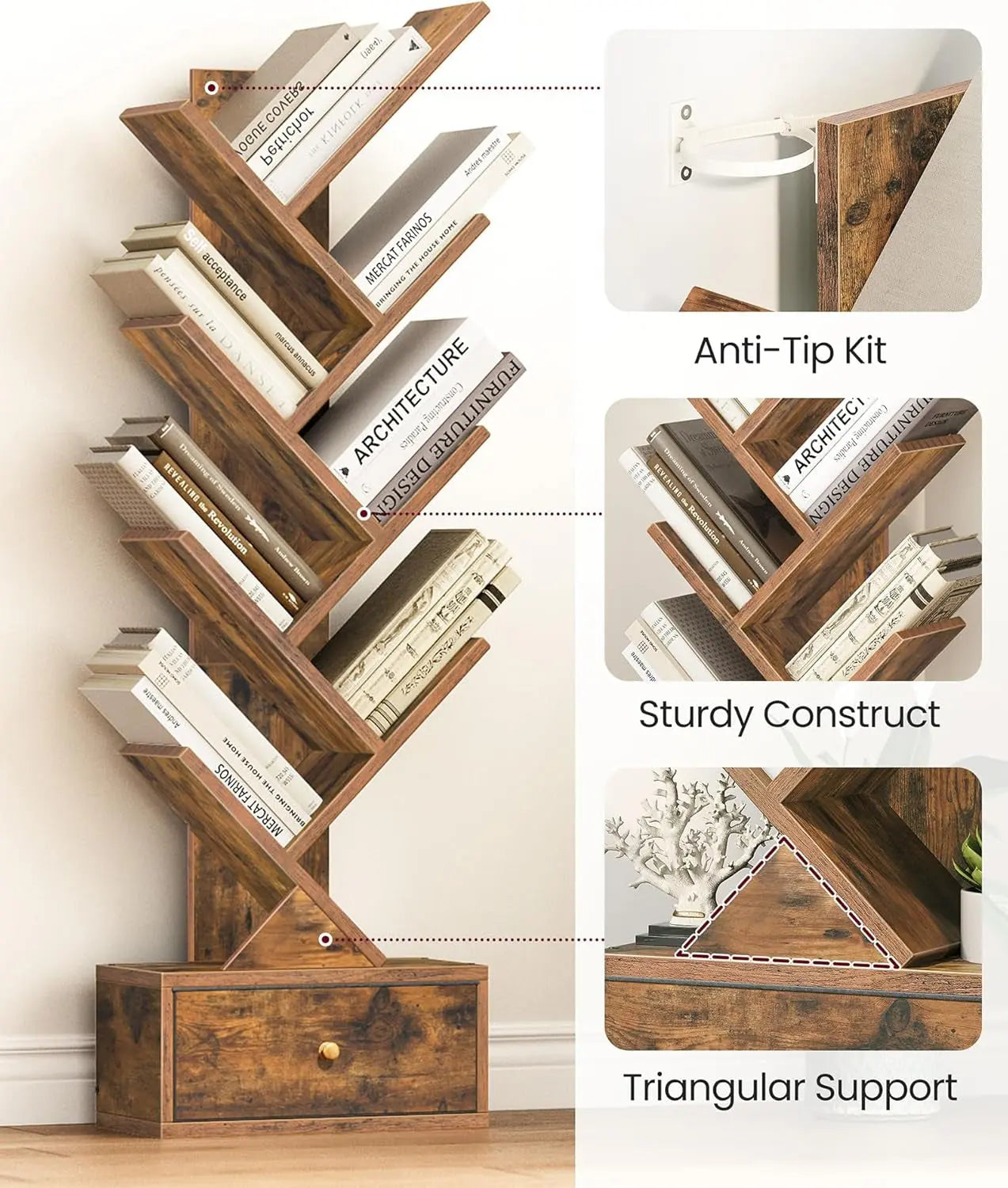 9 Tier Tree Book Shelf with Drawer, Floor Standing Bookshelf Storage Peach Maple