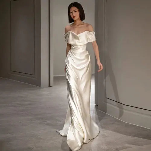 French White Off-shoulder Light Wedding Dress Crimson Medea