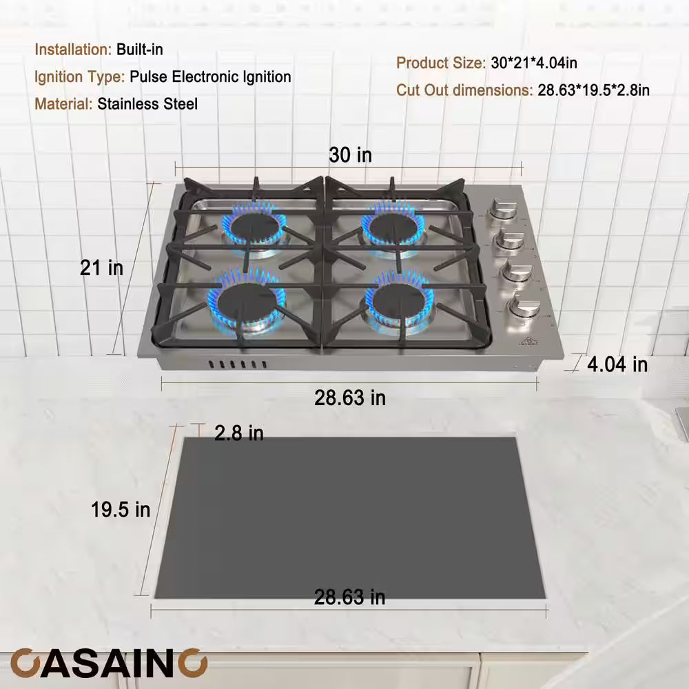 Built-In 30 In. Gas Cooktop in Stainless Steel with 4 Burners and LP Conversion Kit, CSA Certified